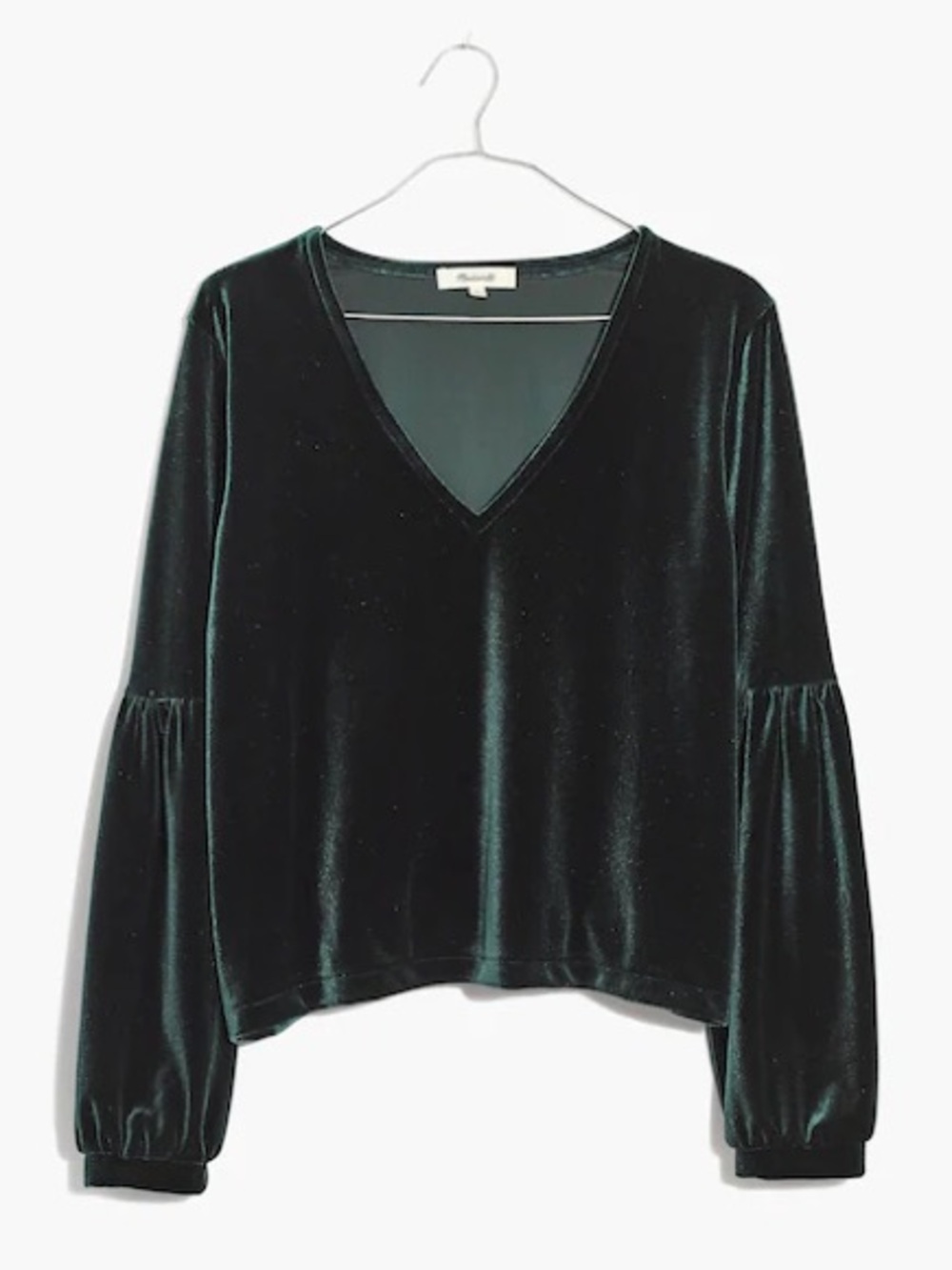 Madewell Women’s Bubble Sleeve Velvet V-Neck Top in Smoky Spruce size M